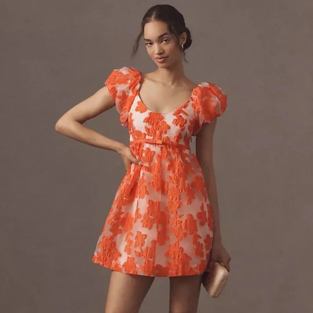 NWT By Anthropologie Puff-Sleeve Scoop-Neck Babydoll Mini Dress Sz L - Picture 10 of 14